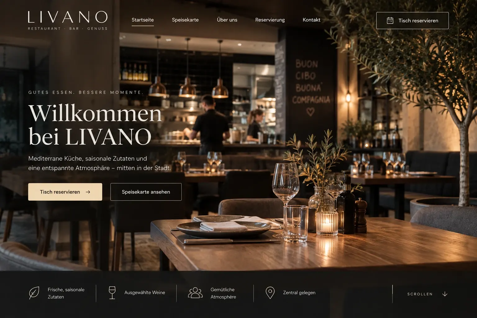 Konzeptentwurf Startseite eines Restaurants: warmes Foto des Gastraums, Überschrift „Willkommen“, Button „Tisch reservieren“ und vier Vorzüge.